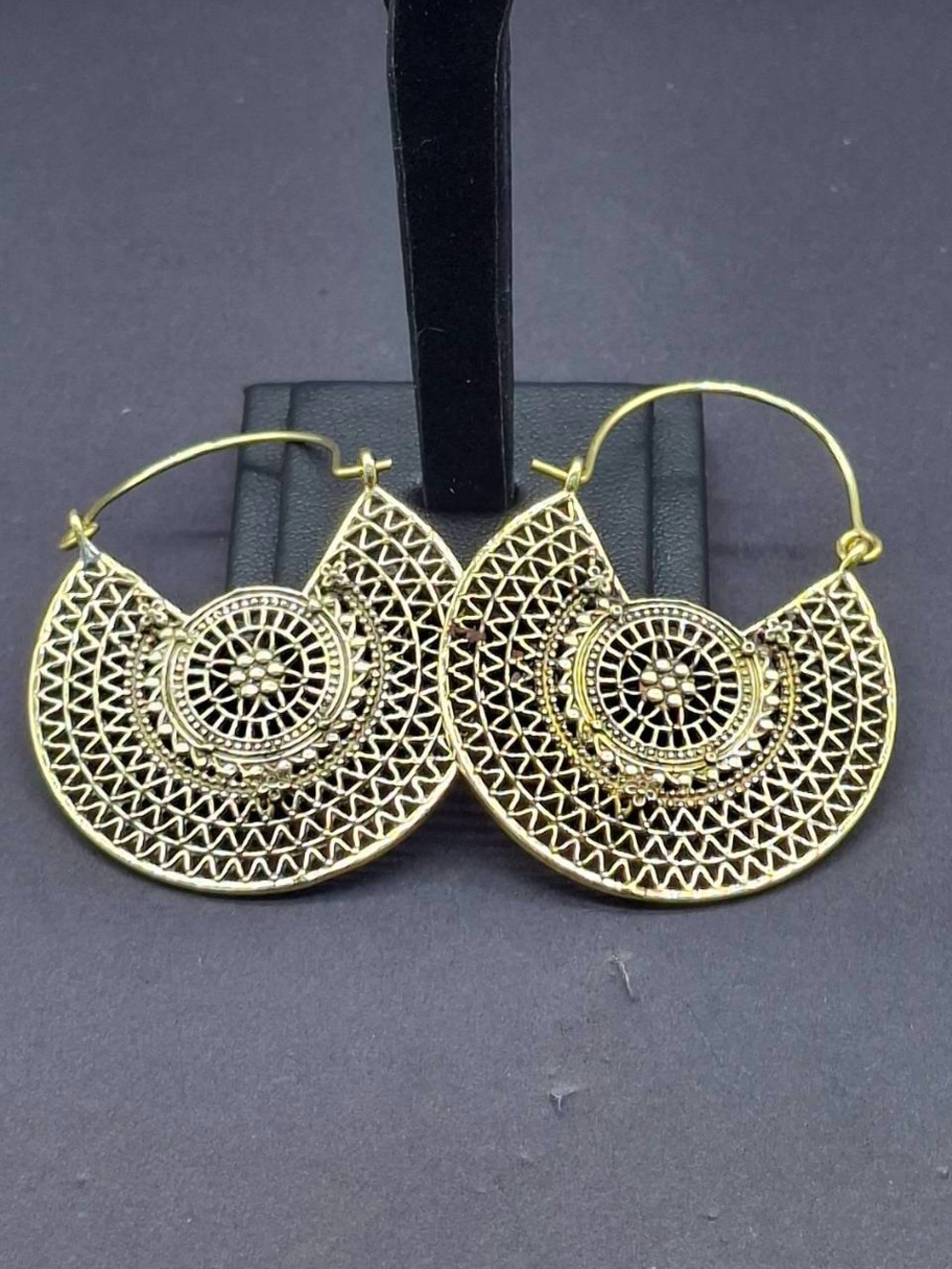 Gold Tone  Filigree Hoop Earrings - Intricate Circular Design